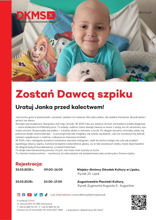 Zostań Dawcą Szpiku. Pomóż Jasiowi. 